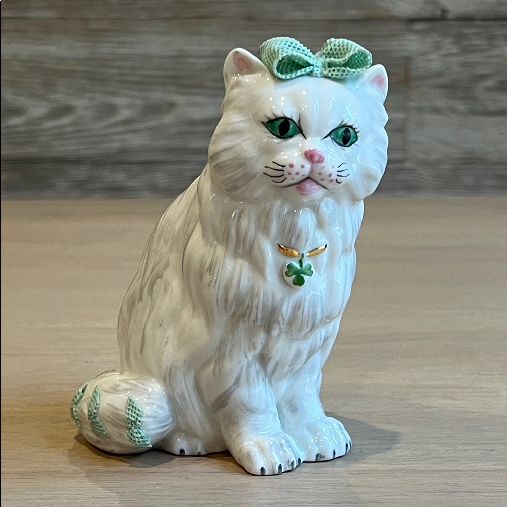 Vintage Irish Dresden White Porcelain Cat Figurine Shamrock & Gold Ireland